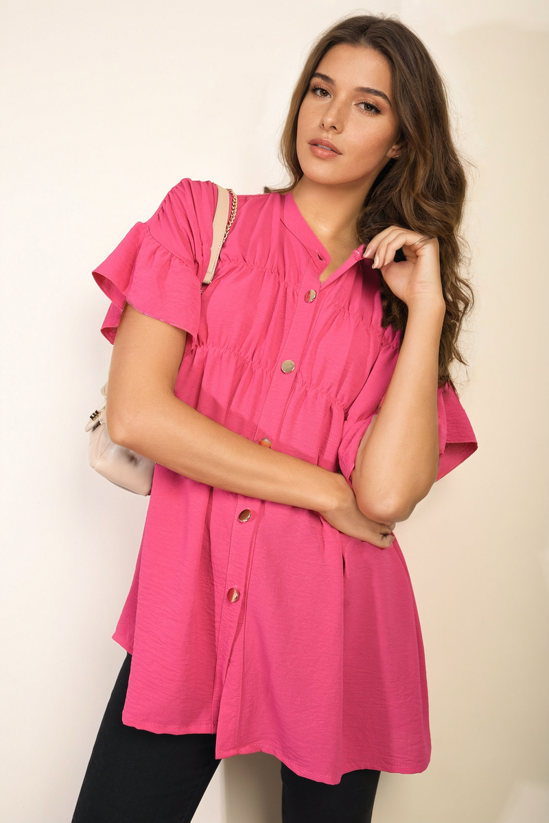 Button Down Pleated Frill Tops - Black River UK