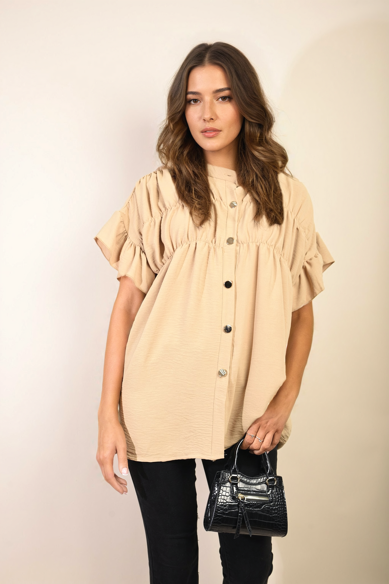 Button Down Pleated Frill Tops - Black River UK