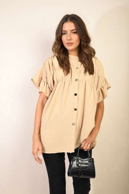 Button Down Pleated Frill Tops - Black River UK