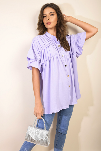 Button Down Pleated Frill Tops - Black River UK