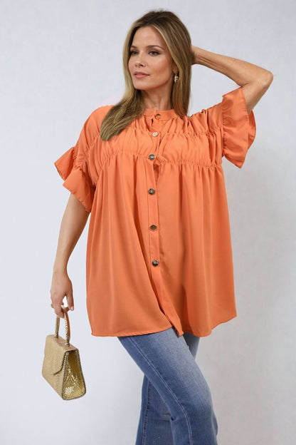Button Down Pleated Frill Tops - Black River UK