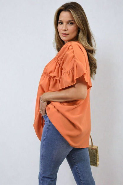 Button Down Pleated Frill Tops - Black River UK
