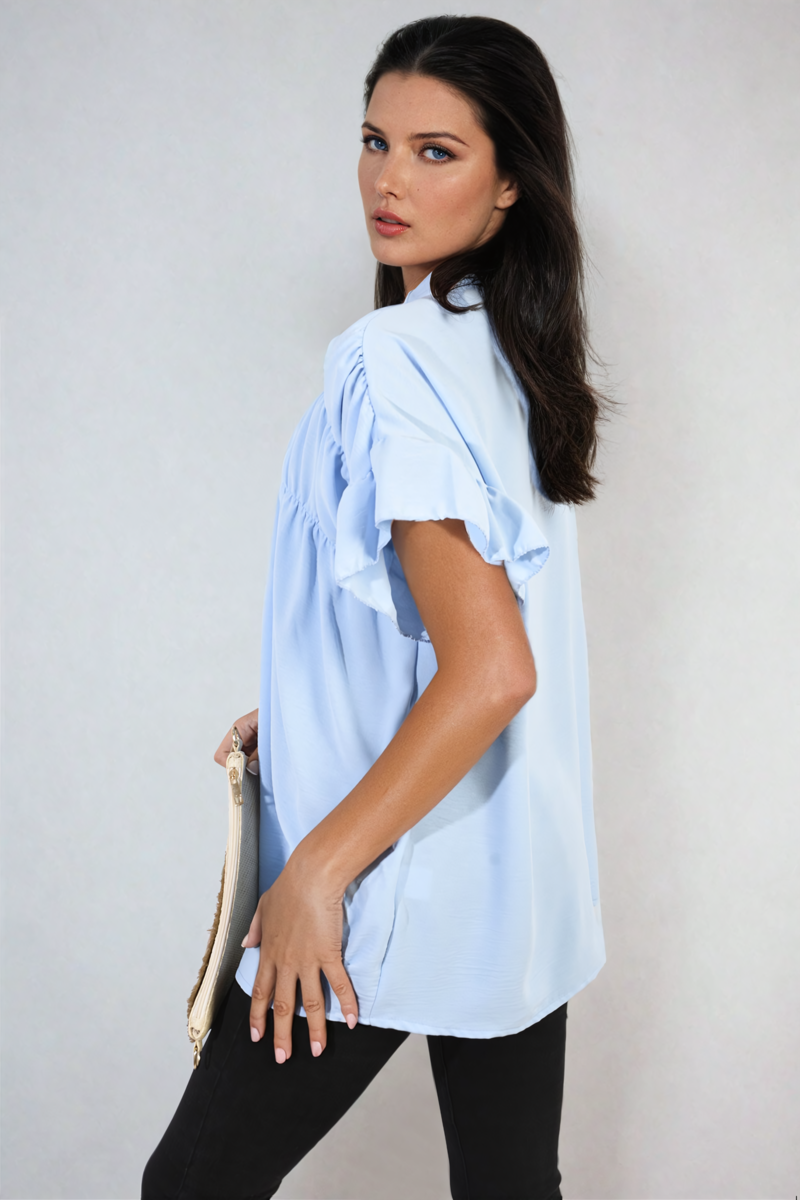 Button Down Pleated Frill Tops - Black River UK