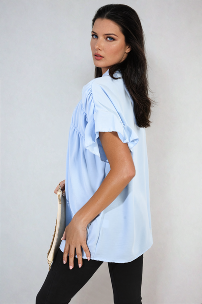 Button Down Pleated Frill Tops - Black River UK