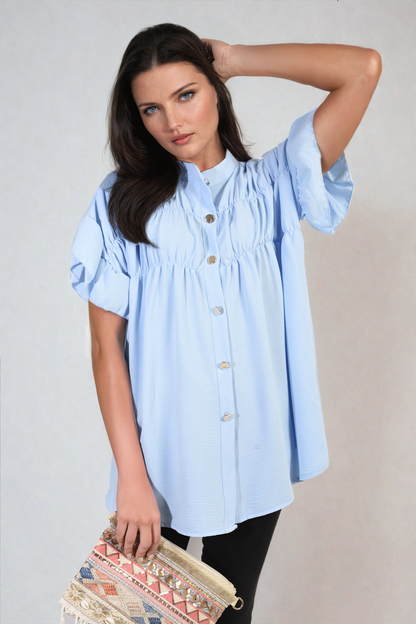 Button Down Pleated Frill Tops - Black River UK