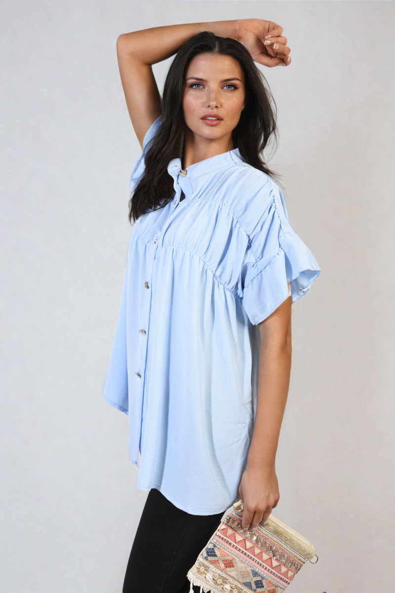 Button Down Pleated Frill Tops - Black River UK