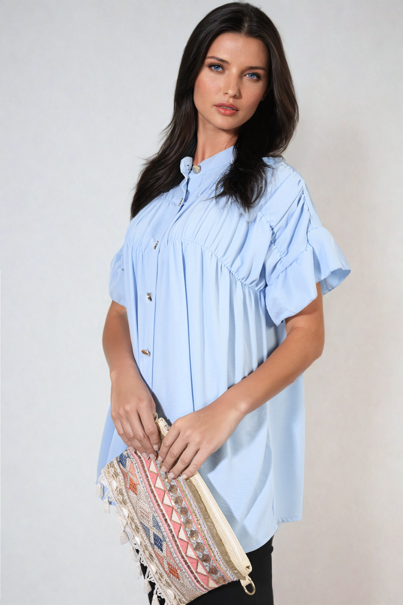 Button Down Pleated Frill Tops - Black River UK