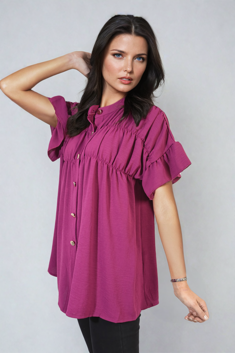 Button Down Pleated Frill Tops - Black River UK