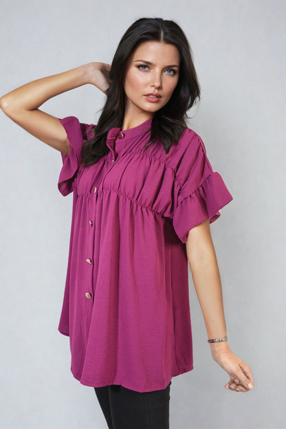 Button Down Pleated Frill Tops - Black River UK