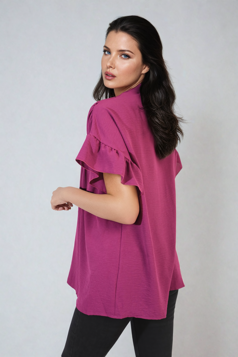 Button Down Pleated Frill Tops - Black River UK