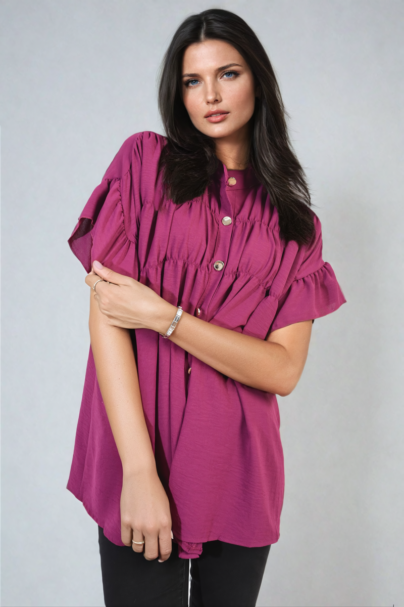 Button Down Pleated Frill Tops - Black River UK