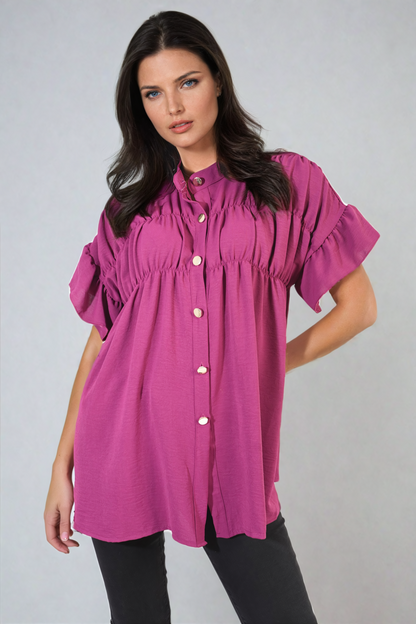 Button Down Pleated Frill Tops - Black River UK