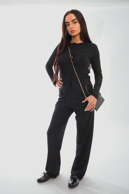 Long Sleeve Button Down Top & Trouser Co-ord Set - Black River UK