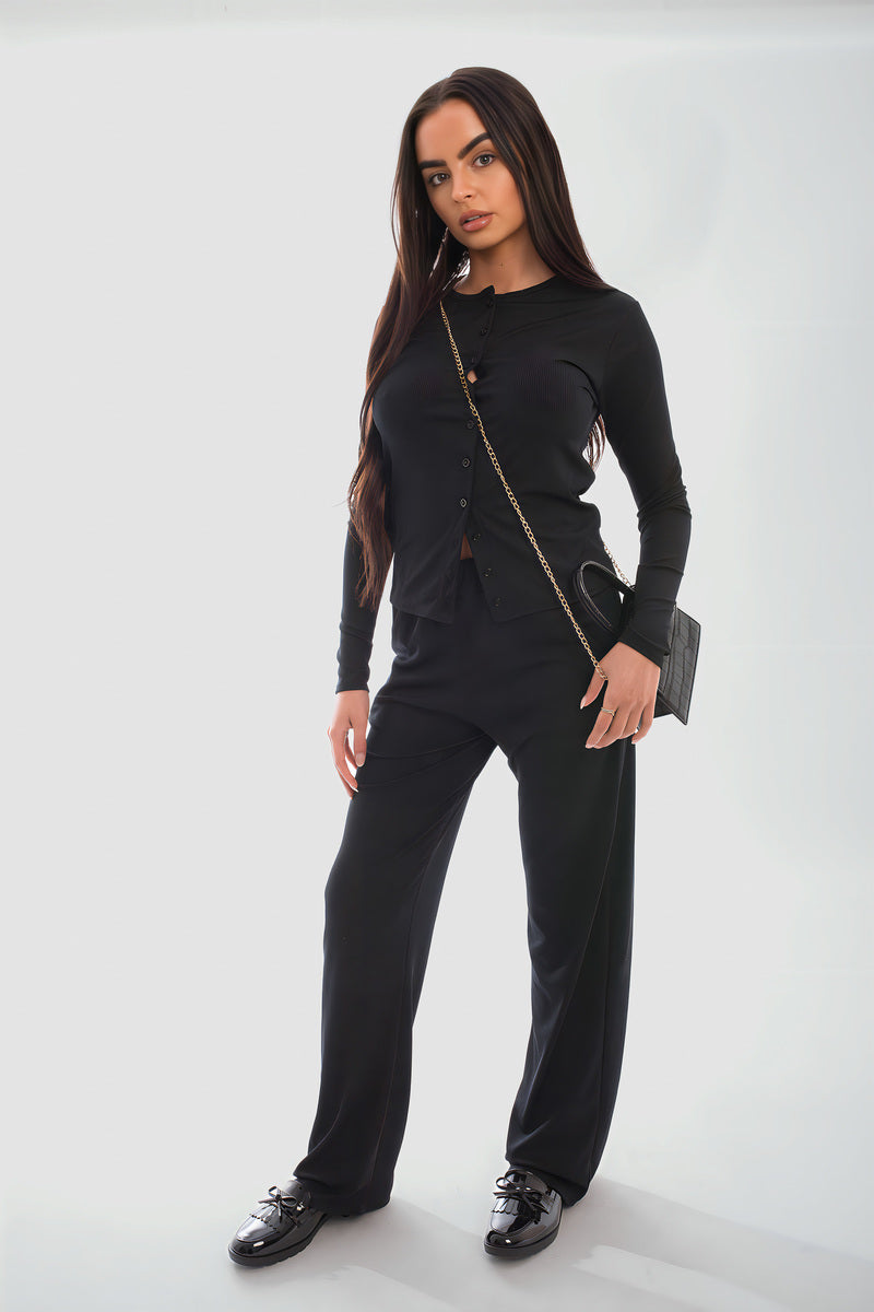 Long Sleeve Button Down Top & Trouser Co-ord Set - Black River UK