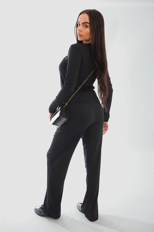 Long Sleeve Button Down Top & Trouser Co-ord Set - Black River UK
