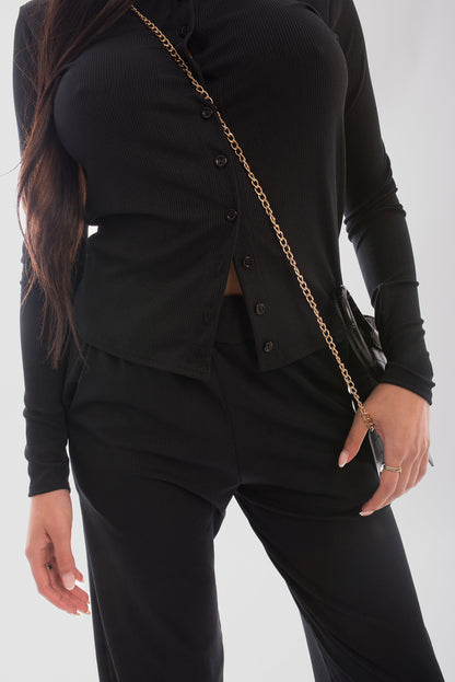 Long Sleeve Button Down Top & Trouser Co-ord Set - Black River UK