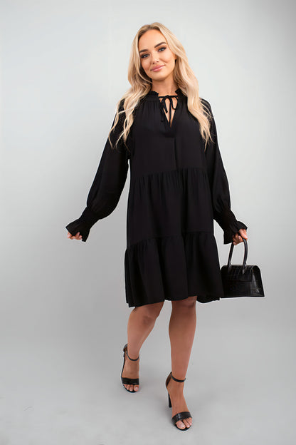 Long Sleeve Front Tie Tiered Mini Dress - Black River UK