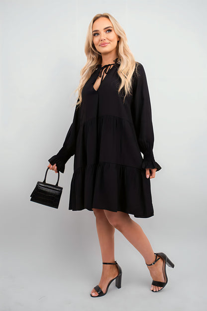Long Sleeve Front Tie Tiered Mini Dress - Black River UK