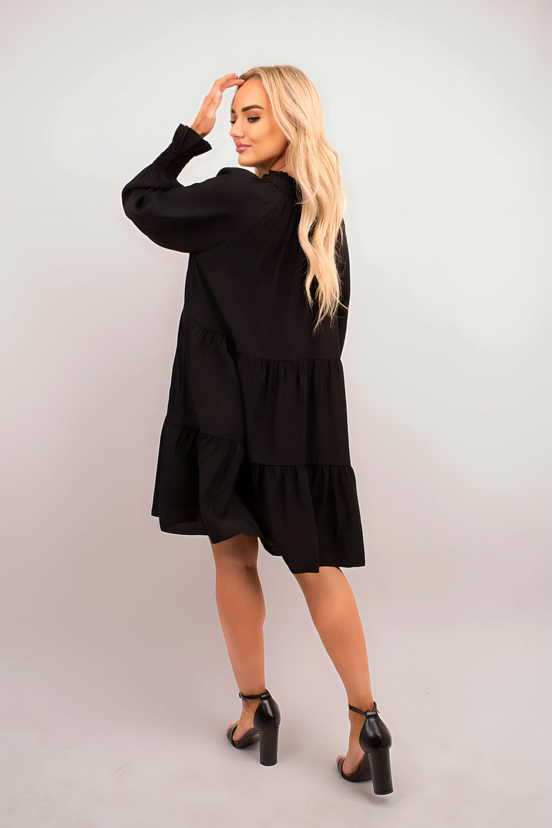 Long Sleeve Front Tie Tiered Mini Dress - Black River UK
