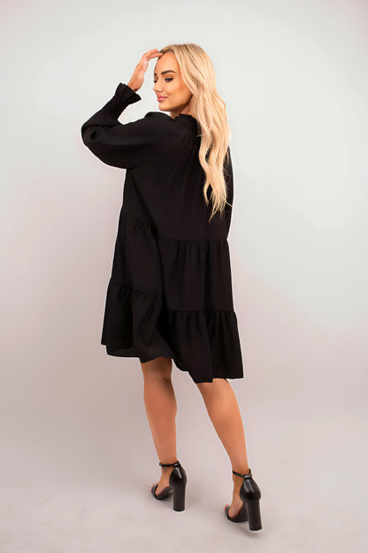 Long Sleeve Front Tie Tiered Mini Dress - Black River UK