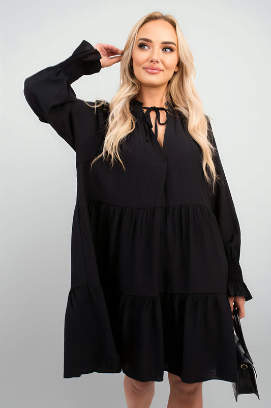 Long Sleeve Front Tie Tiered Mini Dress - Black River UK