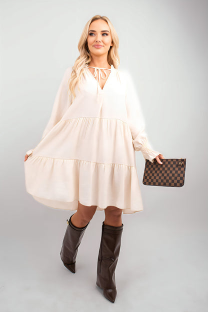 Long Sleeve Front Tie Tiered Mini Dress - Black River UK