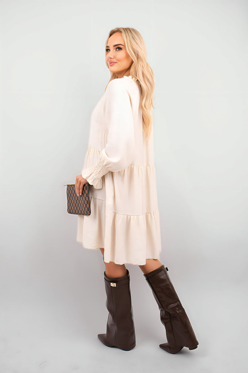 Long Sleeve Front Tie Tiered Mini Dress - Black River UK