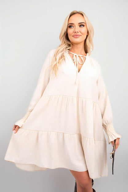 Long Sleeve Front Tie Tiered Mini Dress - Black River UK