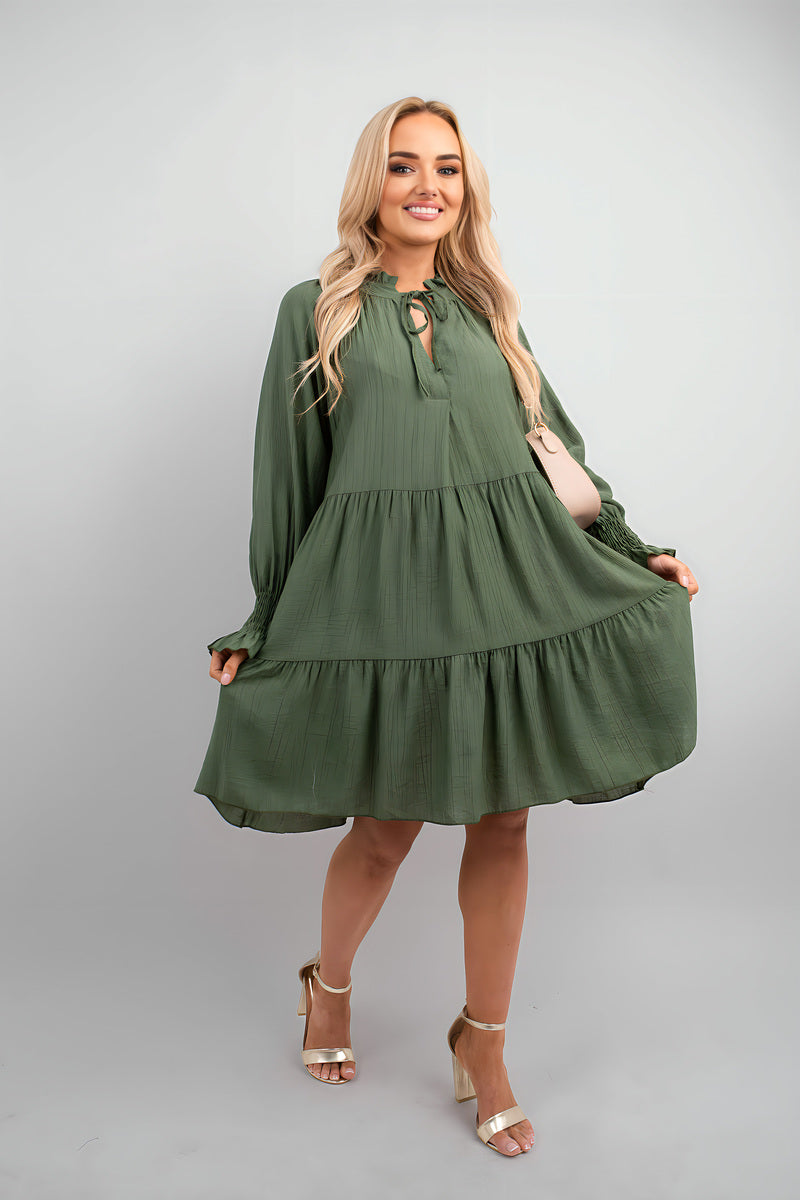 Long Sleeve Front Tie Tiered Mini Dress - Black River UK