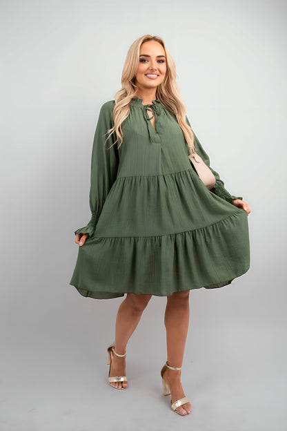 Long Sleeve Front Tie Tiered Mini Dress - Black River UK