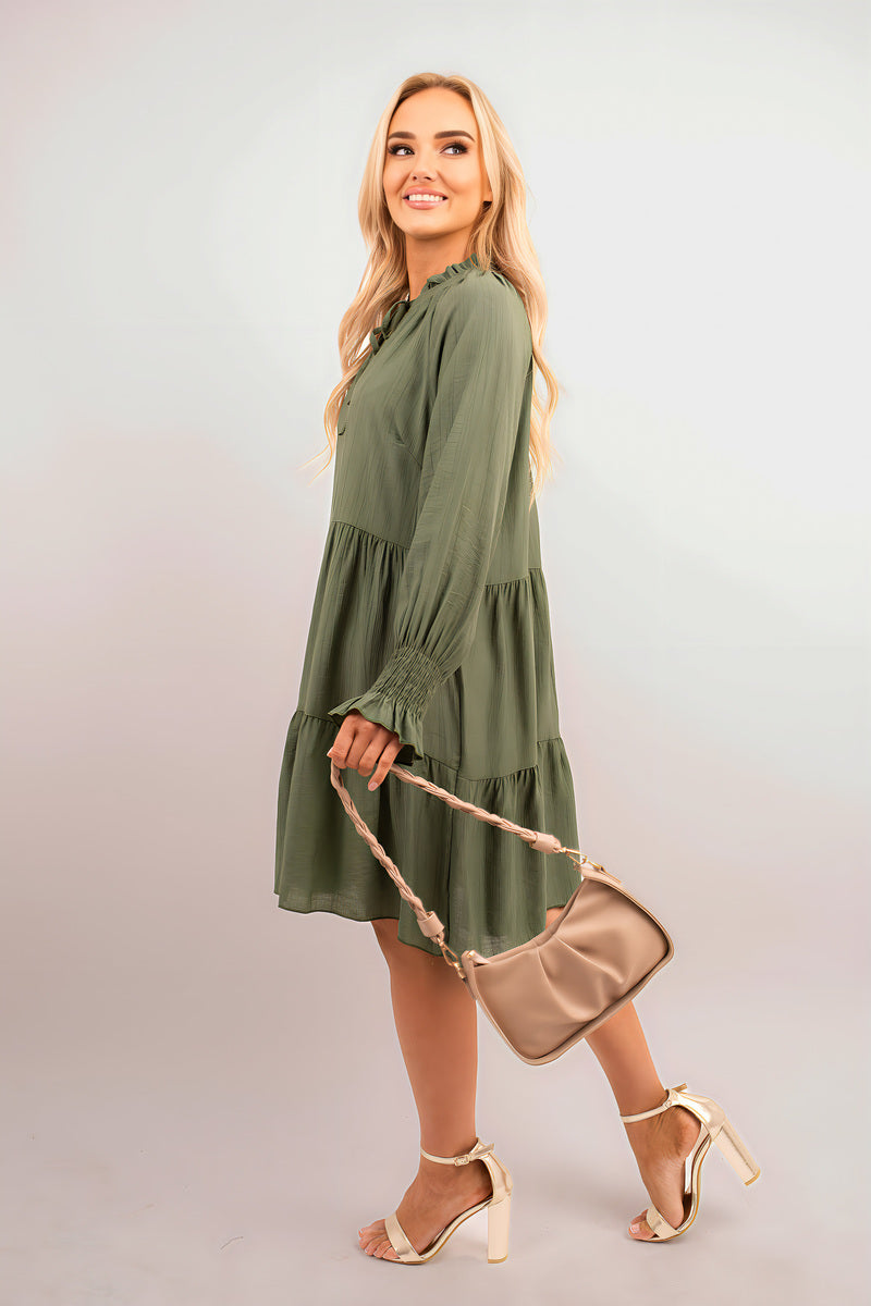 Long Sleeve Front Tie Tiered Mini Dress - Black River UK
