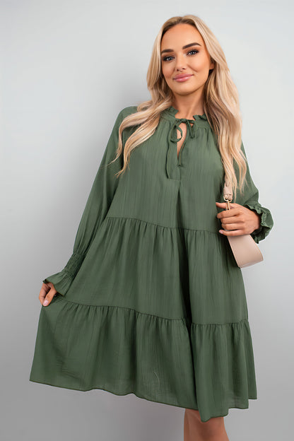 Long Sleeve Front Tie Tiered Mini Dress - Black River UK
