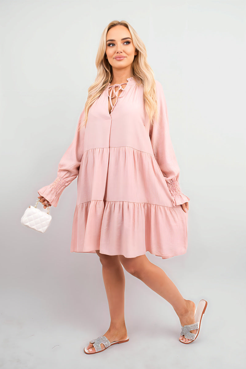 Long Sleeve Front Tie Tiered Mini Dress - Black River UK