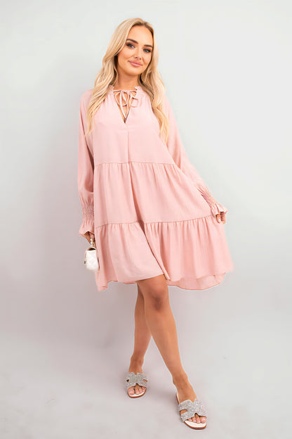 Long Sleeve Front Tie Tiered Mini Dress - Black River UK