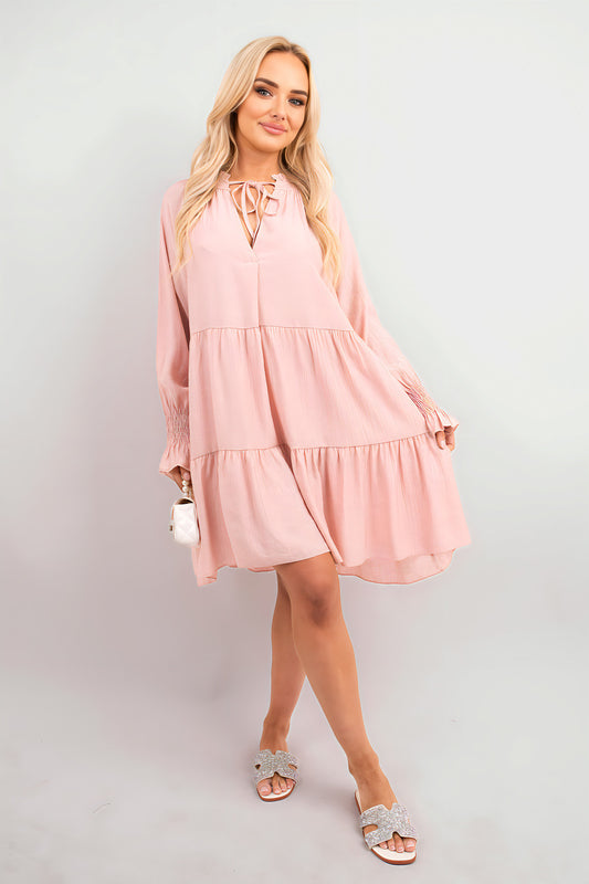 Long Sleeve Front Tie Tiered Mini Dress - Black River UK