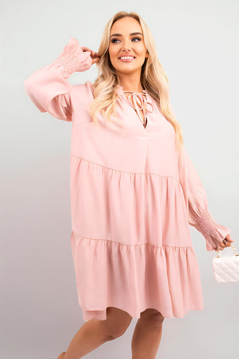 Long Sleeve Front Tie Tiered Mini Dress - Black River UK