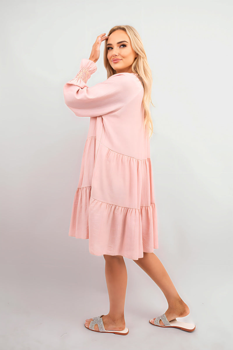 Long Sleeve Front Tie Tiered Mini Dress - Black River UK