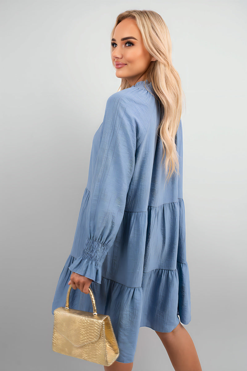 Long Sleeve Front Tie Tiered Mini Dress - Black River UK