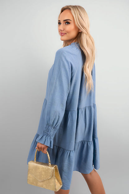 Long Sleeve Front Tie Tiered Mini Dress - Black River UK