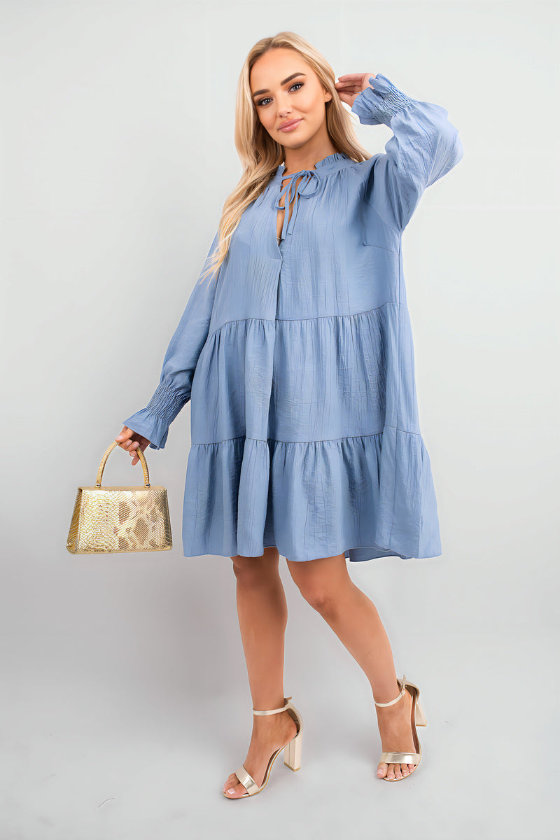 Long Sleeve Front Tie Tiered Mini Dress - Black River UK