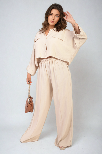 Oversized Long Sleeve Crop Top and Wide Leg Trouser Co-ord Set - Black River UK