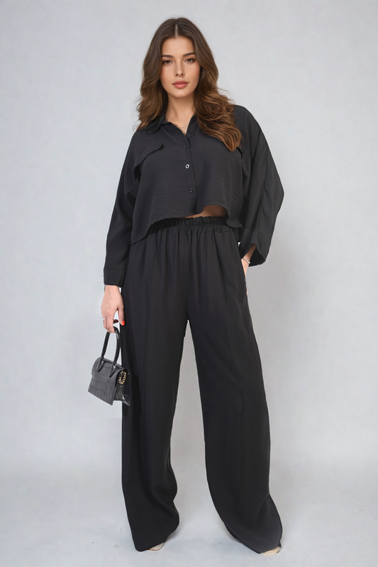 Oversized Long Sleeve Crop Top and Wide Leg Trouser Co-ord Set - Black River UK