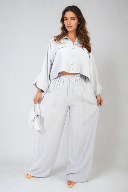 Oversized Long Sleeve Crop Top and Wide Leg Trouser Co-ord Set - Black River UK