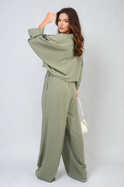 Oversized Long Sleeve Crop Top and Wide Leg Trouser Co-ord Set - Black River UK