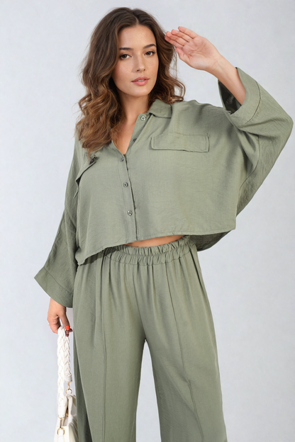 Oversized Long Sleeve Crop Top and Wide Leg Trouser Co-ord Set - Black River UK
