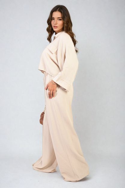Oversized Long Sleeve Crop Top and Wide Leg Trouser Co-ord Set - Black River UK