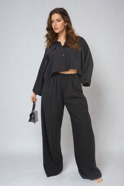 Oversized Long Sleeve Crop Top and Wide Leg Trouser Co-ord Set - Black River UK