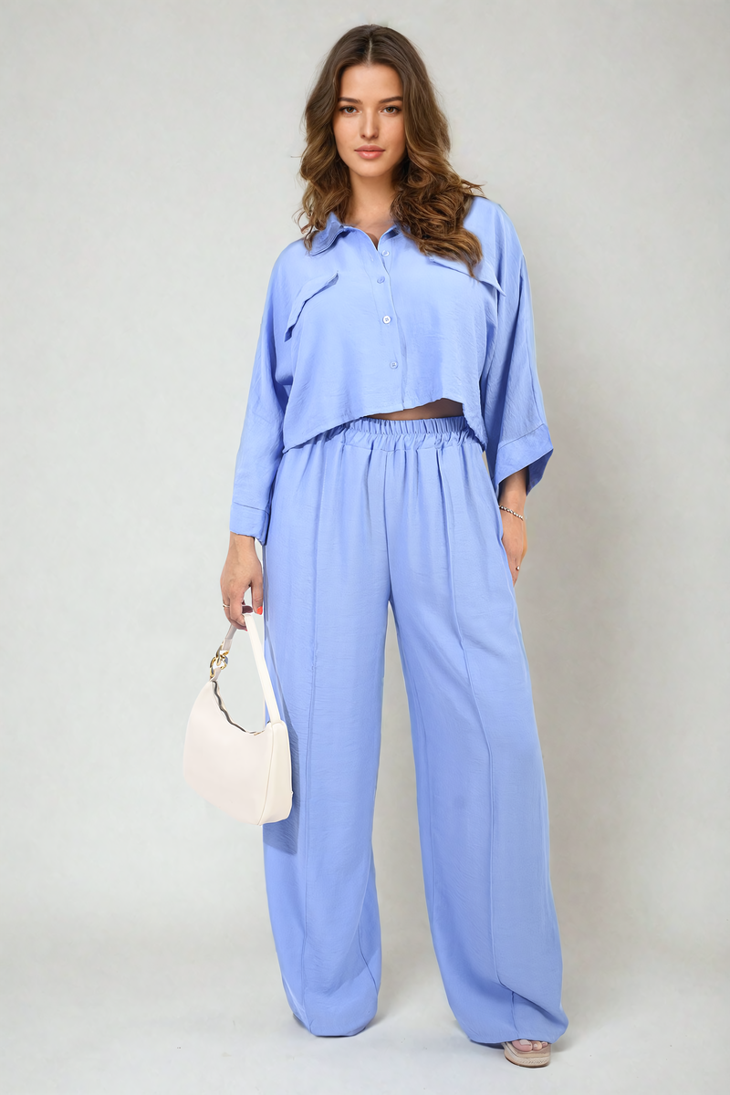 Oversized Long Sleeve Crop Top and Wide Leg Trouser Co-ord Set - Black River UK