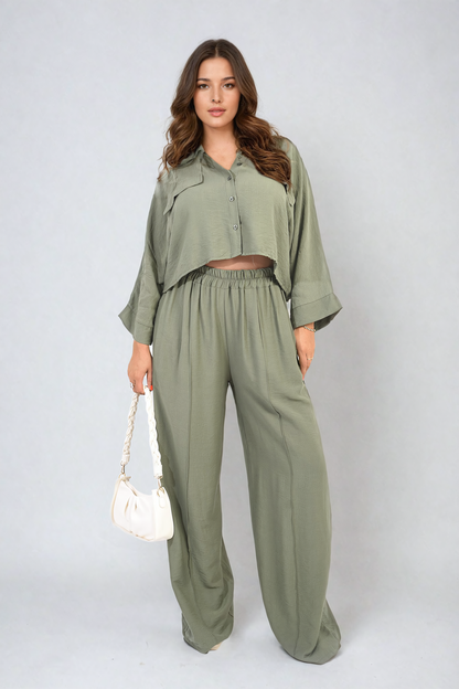 Oversized Long Sleeve Crop Top and Wide Leg Trouser Co-ord Set - Black River UK