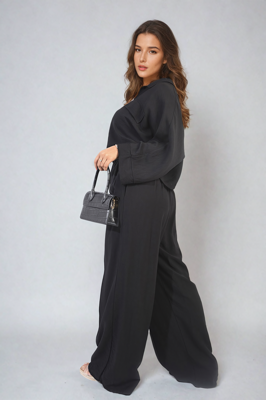 Oversized Long Sleeve Crop Top and Wide Leg Trouser Co-ord Set - Black River UK